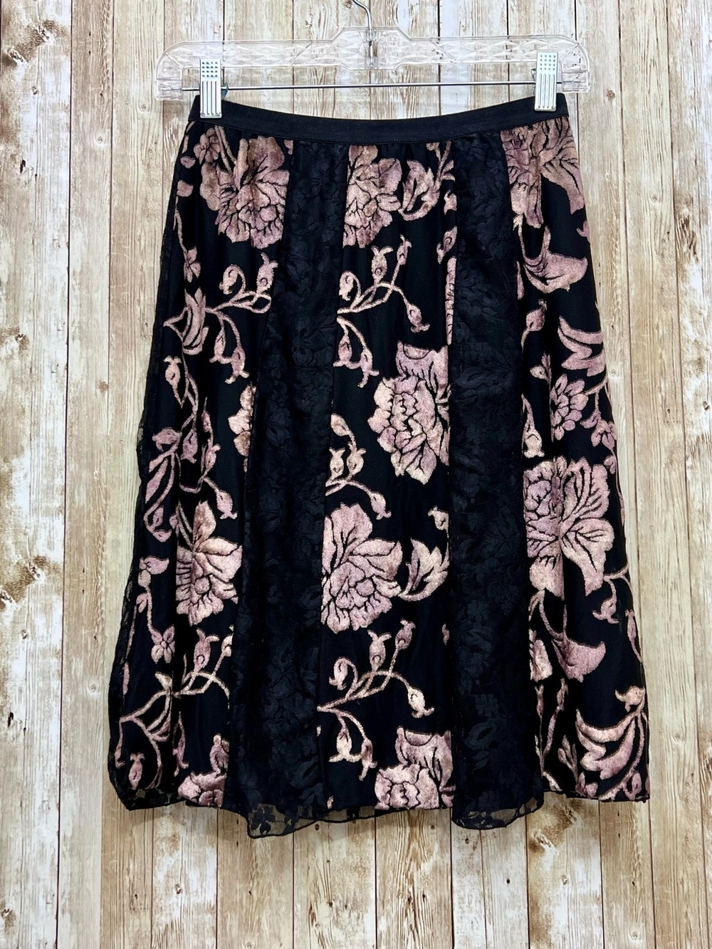 Vintage New York & Company Black Midi Skirt with metallic Pink Floral Burnout
